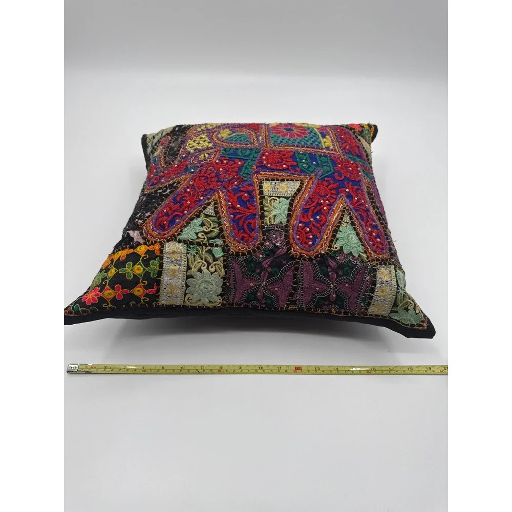 Vintage Indian Patchwork Elephant Throw Pillow Embroidered Boho 18x18